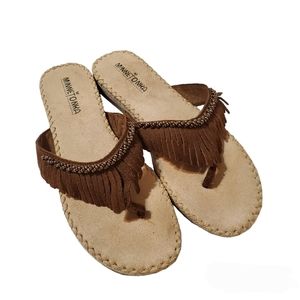 Minnetonka Frisco Suede Fringe Beaded Boho Thong Sandals